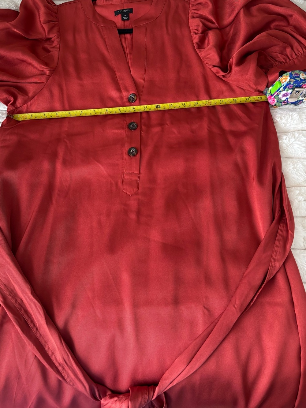 Ann Taylor Hammered Satin Puff Sleeve Belted Midi Shirtdress Size LP Petite - Picture 5 of 5